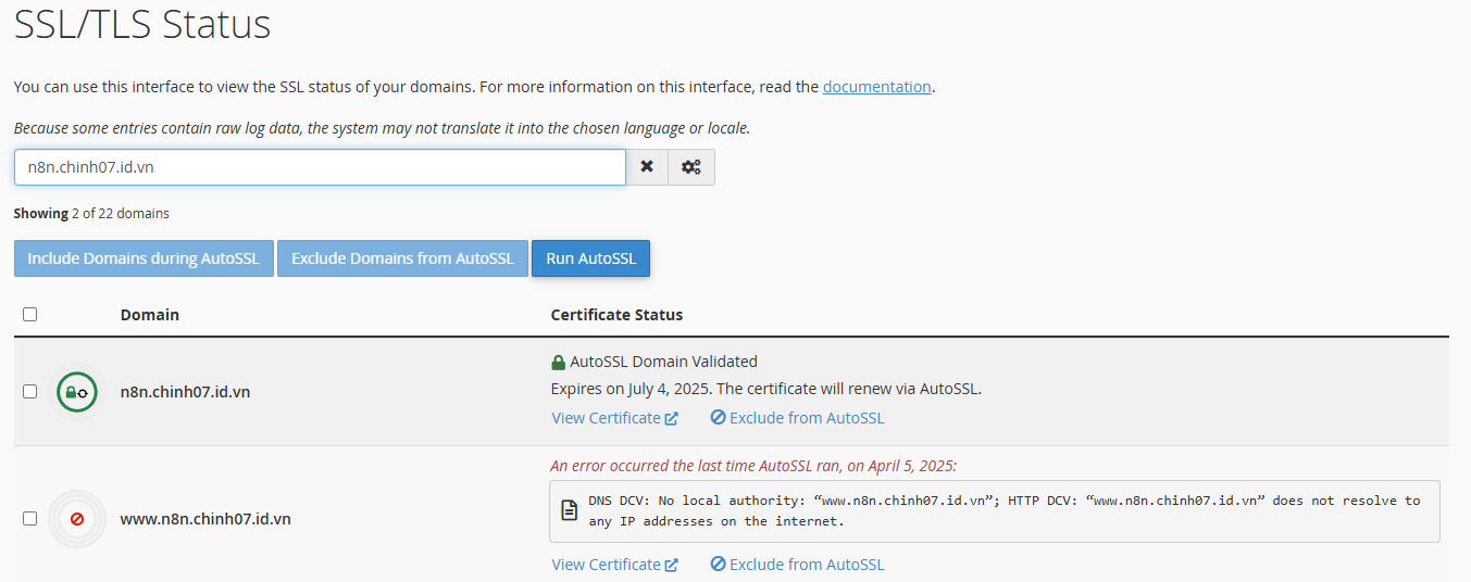 Cài đặt SSL cho subdomain vừa tạo
