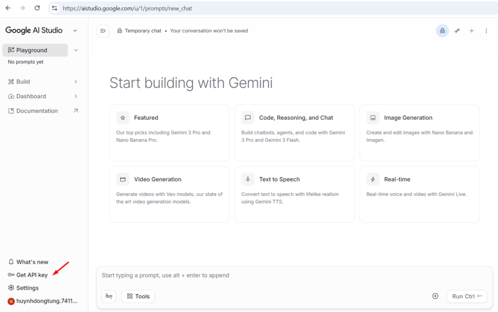 Hướng dẫn cách lấy API Key của Gemini AI 2 Hướng dẫn cách lấy API Key của Gemini AI 1