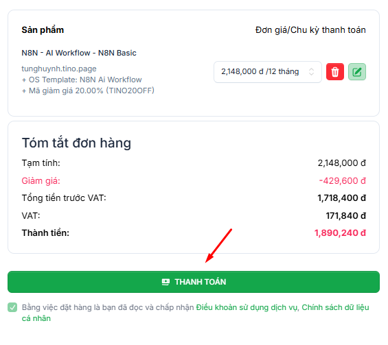 Hướng dẫn đăng ký VPS cài sẵn n8n tại Tino (không cần code) 8 Cách đăng ký VPS N8N - AI Workflow