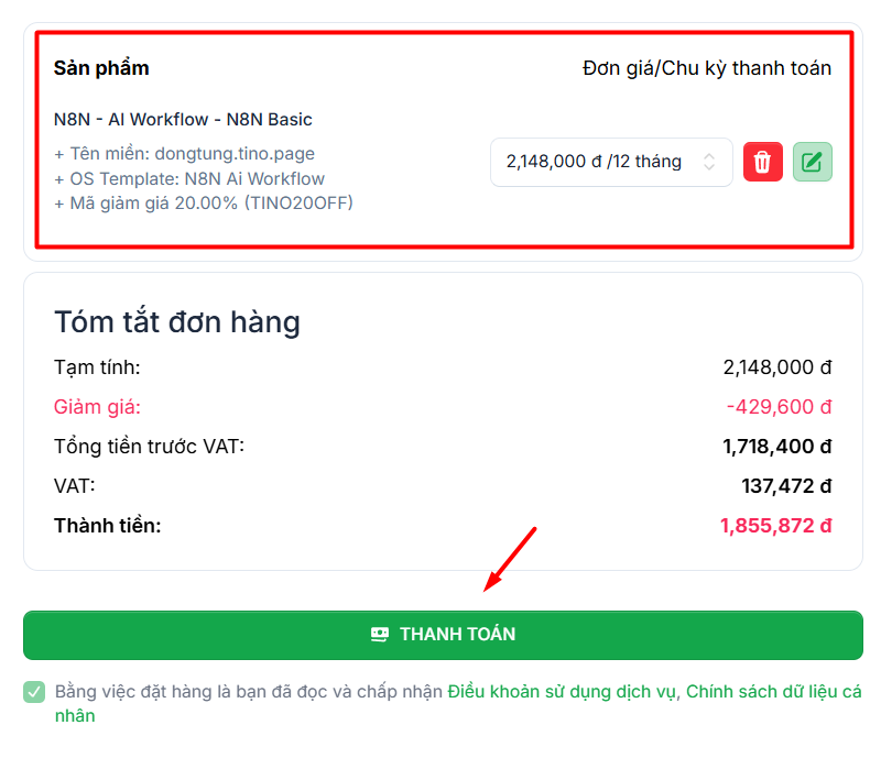 Hướng dẫn đăng ký VPS cài sẵn n8n tại Tino (không cần code) 8 Cách đăng ký VPS N8N - AI Workflow