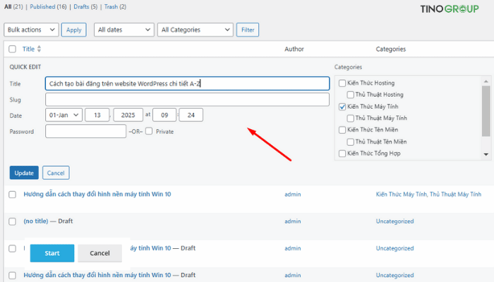 Các tính năng bị ẩn của WordPress có thể bạn chưa biết 5 Chỉnh sửa nhanh với "Quick Edit"