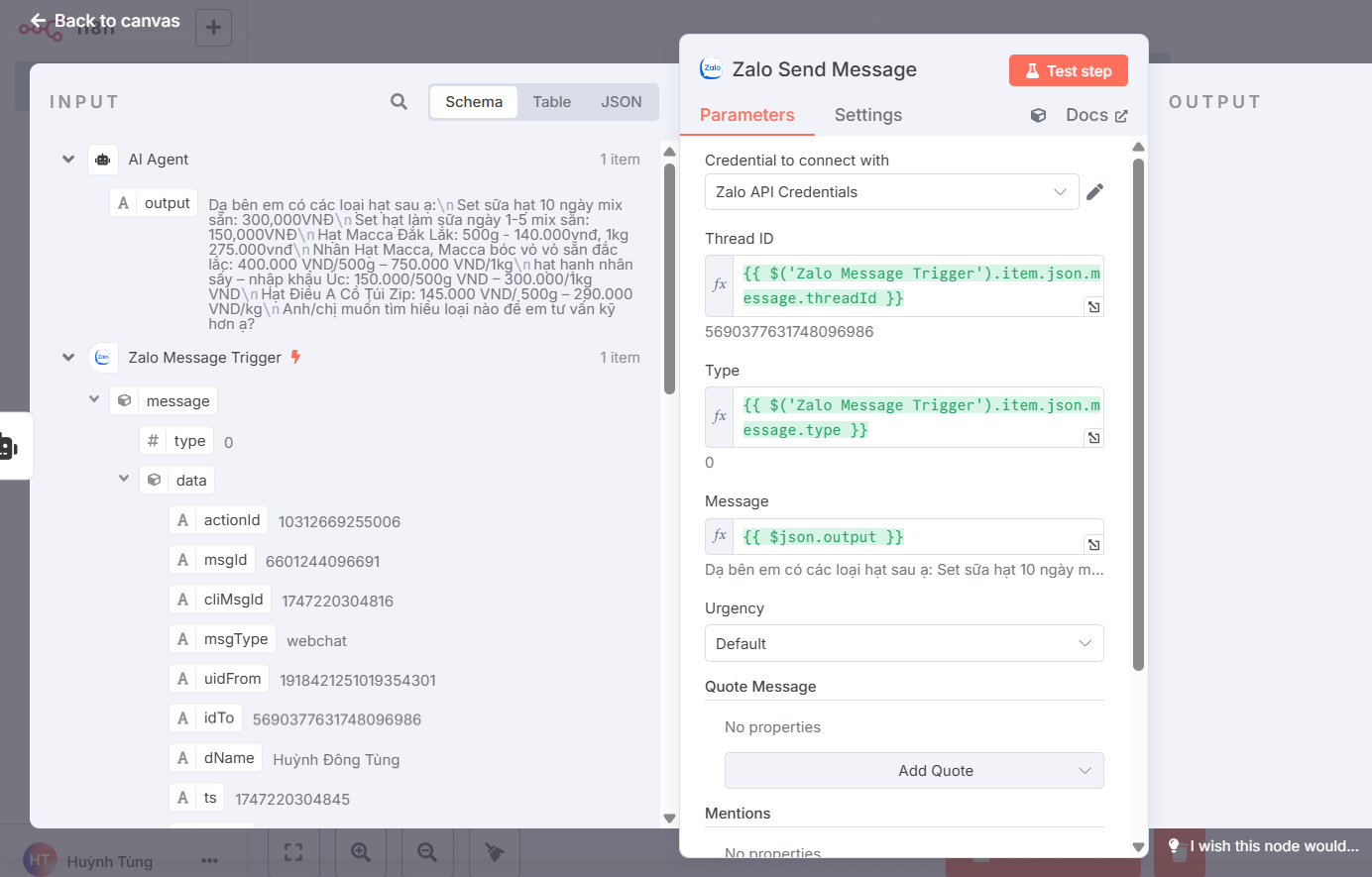 Hướng dẫn cách tạo chatbot Zalo cá nhân với n8n cực dễ 12 Thêm node Zalo Send Message