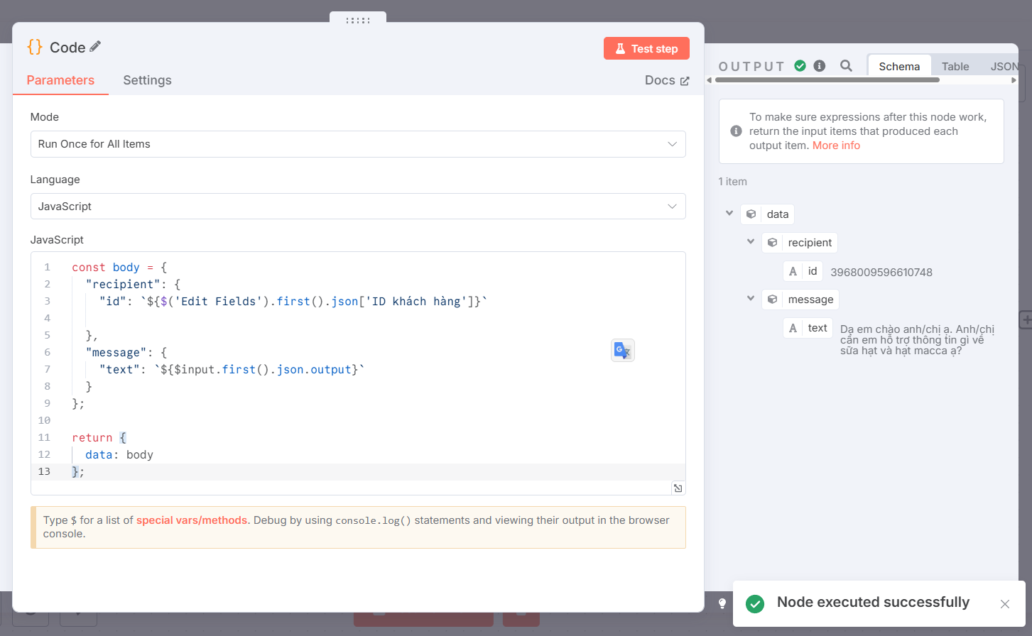 Bật mí cách tạo chatbot Facebook với n8n đơn giản 15 Tạo node Code