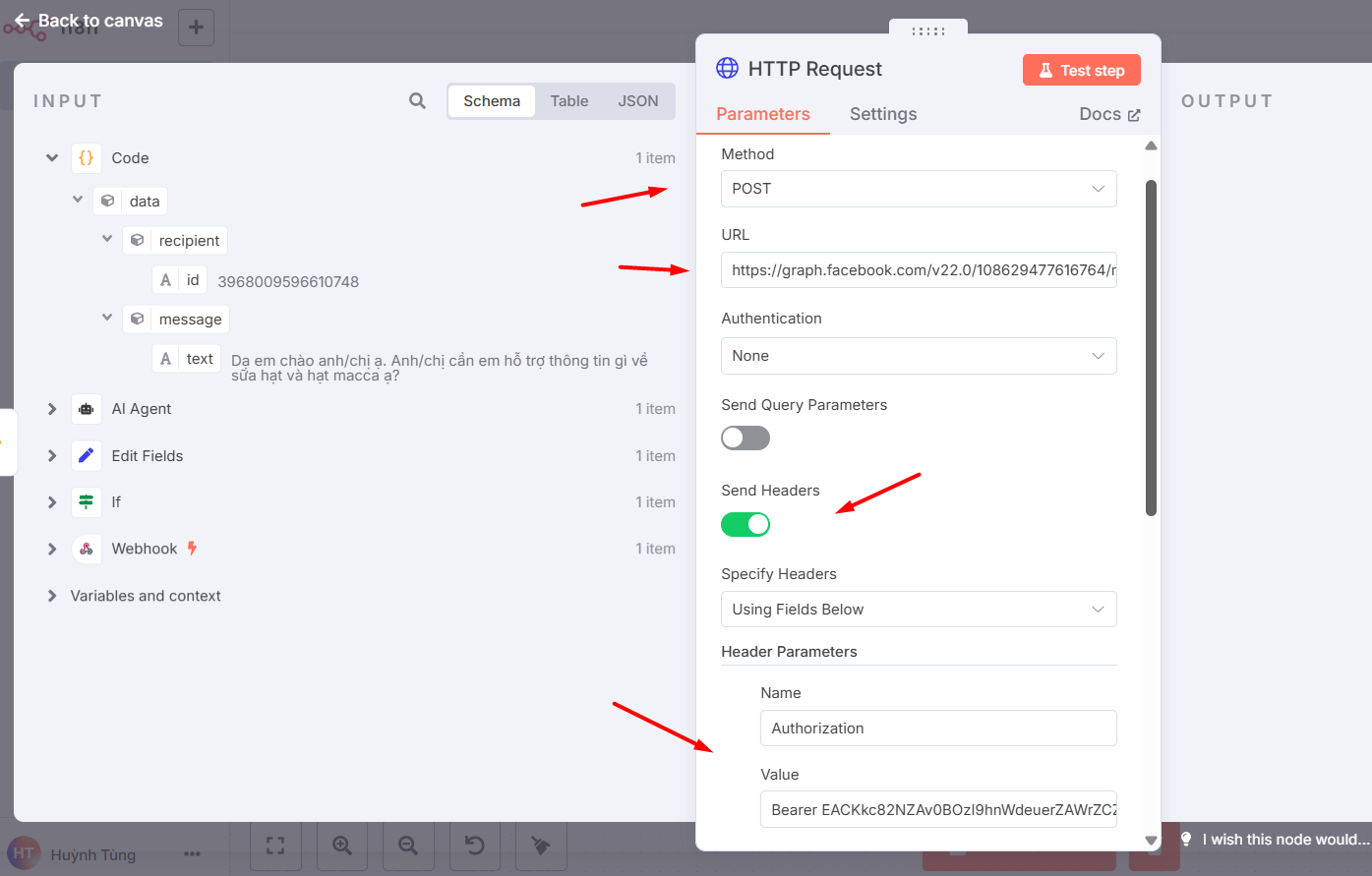 Bật mí cách tạo chatbot Facebook với n8n đơn giản 16 Thêm node HTTP Request