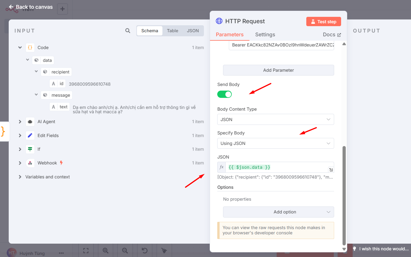 Bật mí cách tạo chatbot Facebook với n8n đơn giản 17 Thêm node HTTP Request