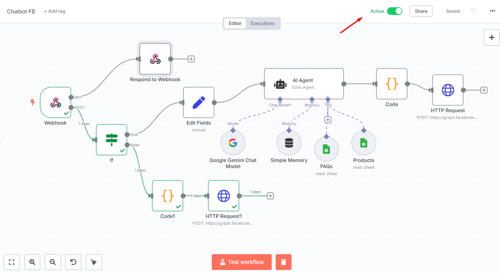 Bật mí cách tạo chatbot Facebook với n8n đơn giản 20 Kích hoạt workflow