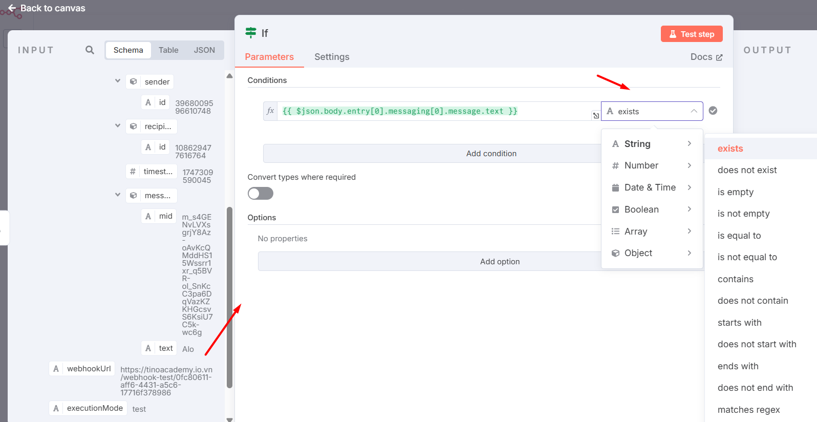 Bật mí cách tạo chatbot Facebook với n8n đơn giản 3 Thêm node IF để phân loại tin nhắn