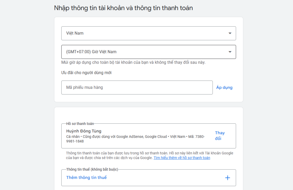 Nhập thông tin tài khoản và thông tin thanh toán