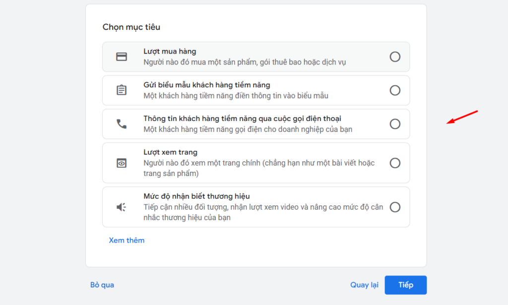 Chọn mục tiêu quảng cáo