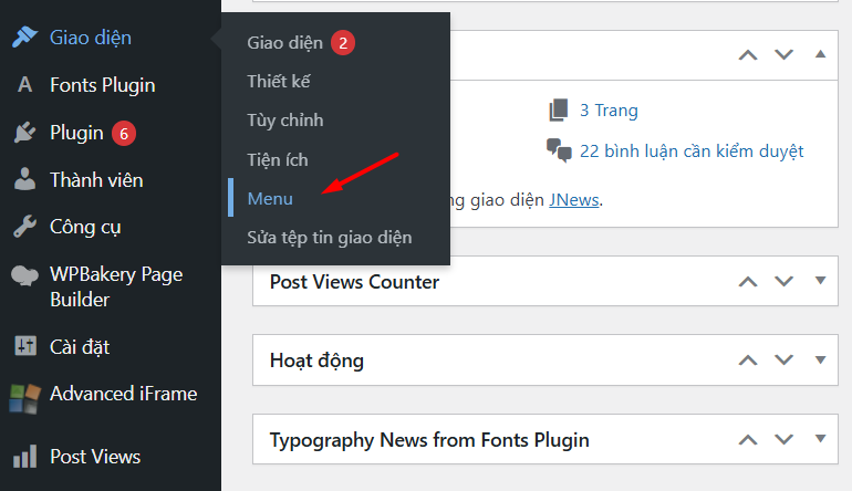 Truy cập khu vực quản lý Menu