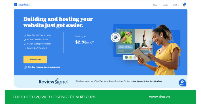 Nên thuê hosting ở đâu? Top 10 dịch vụ web hosting tốt nhất 2025 4 Nhà cung cấp Bluehost (Quốc tế - Thân thiện với WordPress)