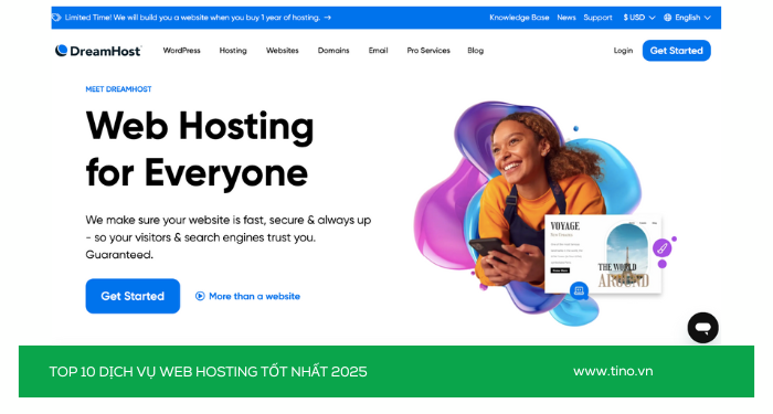 Nên thuê hosting ở đâu? Top 10 dịch vụ web hosting tốt nhất 2025 6 Nhà cung cấp DreamHost (Quốc tế - Giá trị lâu dài)