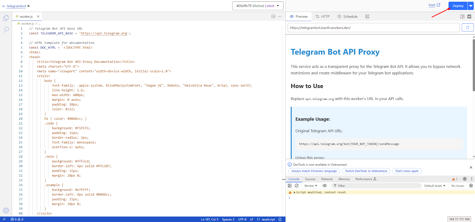 Hướng dẫn cách cài đặt proxy cf-worker-telegram để sử dụng Telegram Bot API trên n8n 8 Tạo Worker trên Cloudflare