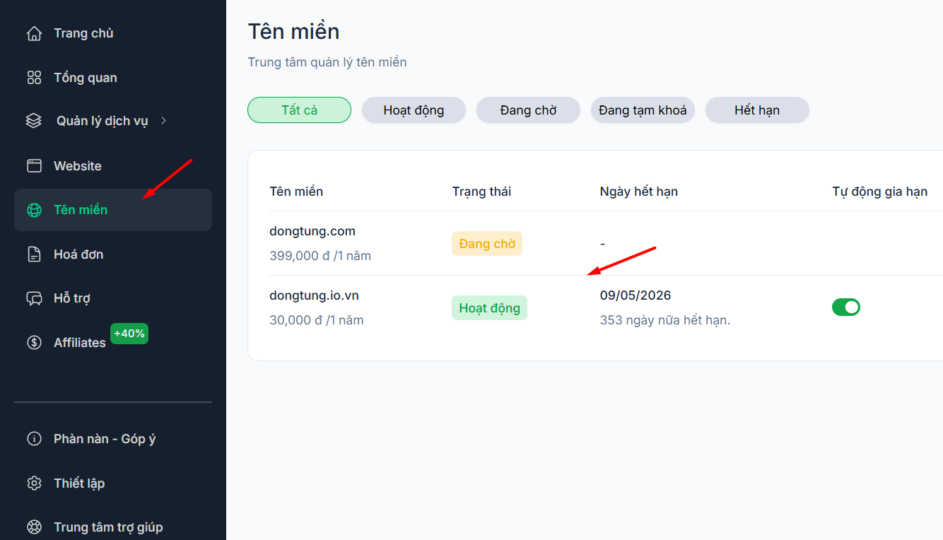 Trỏ tên miền về hosting ns1, ns2