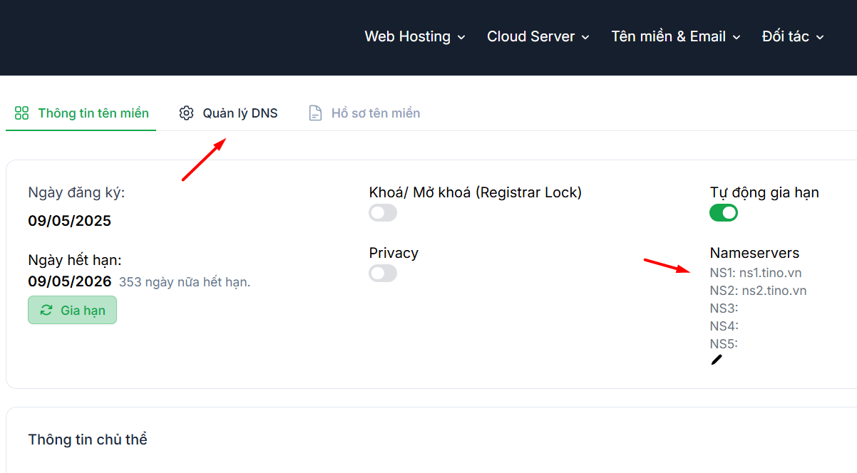 Trỏ tên miền về hosting ns1, ns2