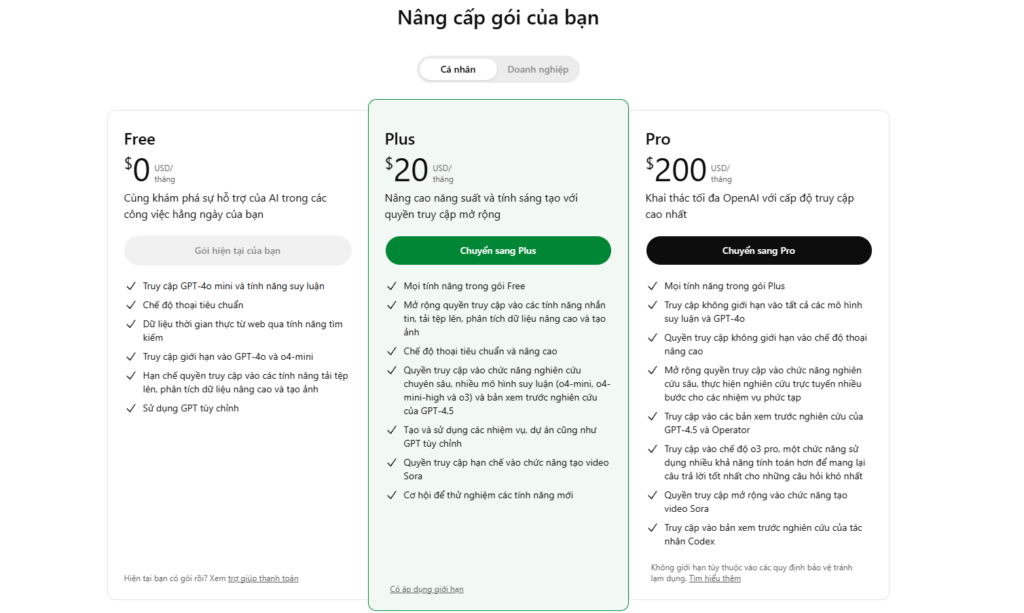 Các gói miễn phí và trả phí ChatGPT