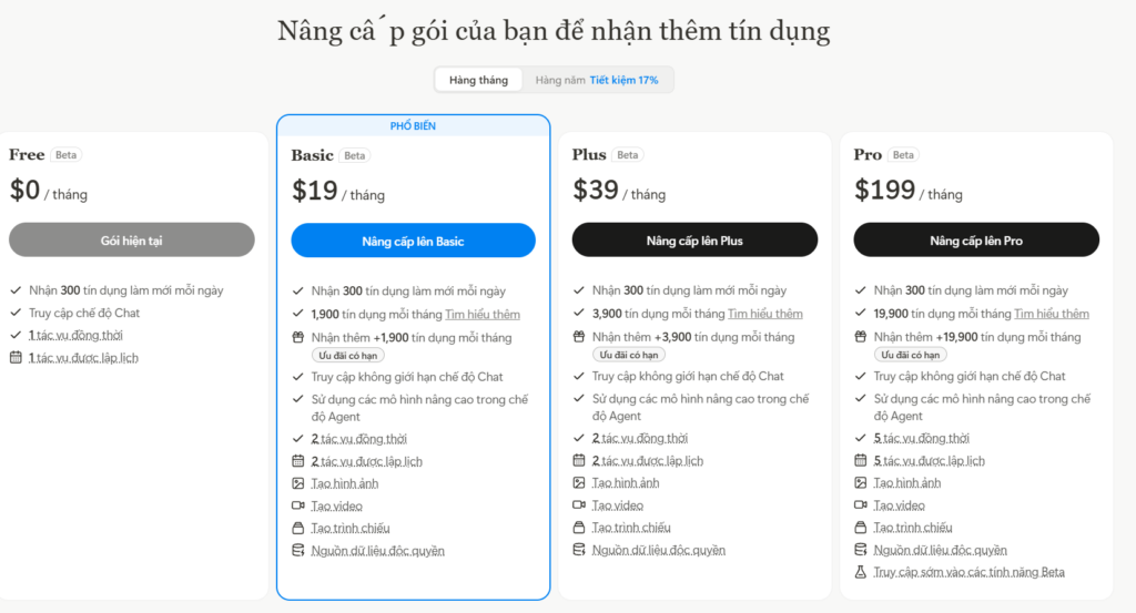 Manus AI là gì? Giải mã trợ lý AI toàn năng 2025 6 Các gói cước hàng tháng (Monthly Plans)