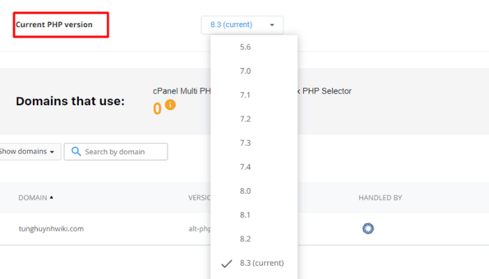 Hướng dẫn cách sửa lỗi 500 Internal Server Error trên website WordPress 13 Thay đổi một phiên bản PHP khác