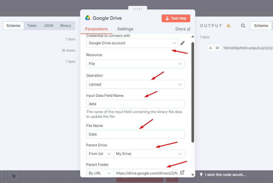 Cấu hình node Google Drive để lưu file