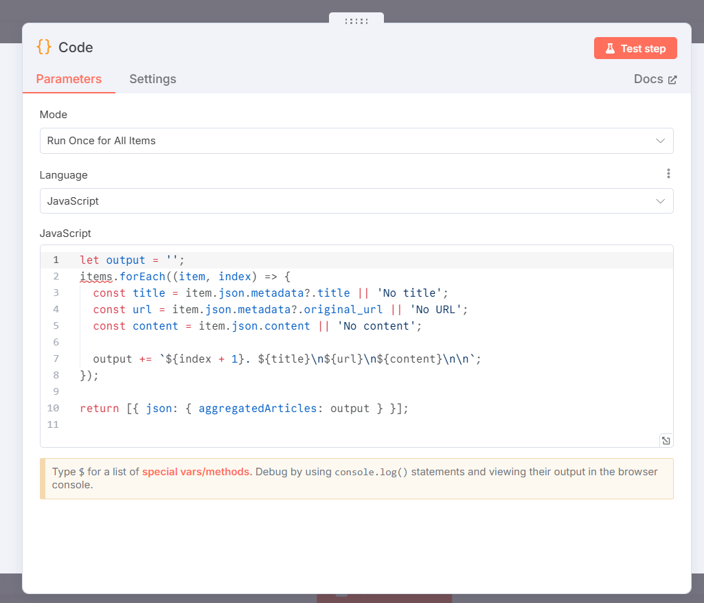 Hướng dẫn cách tạo workflow crawl dữ liệu website với n8n đơn giản 13 Thêm node Code