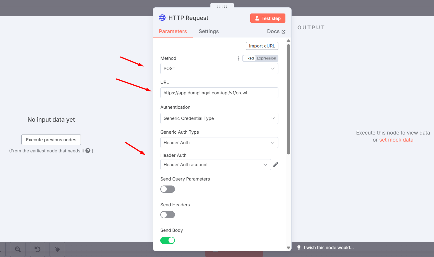 Hướng dẫn cách tạo workflow crawl dữ liệu website với n8n đơn giản 8 Thêm node HTTP Request Node (Dumpling AI Crawl Endpoint)