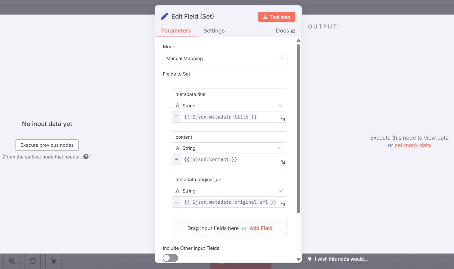 Hướng dẫn cách tạo workflow crawl dữ liệu website với n8n đơn giản 12 Thêm node Edit Field (Set)