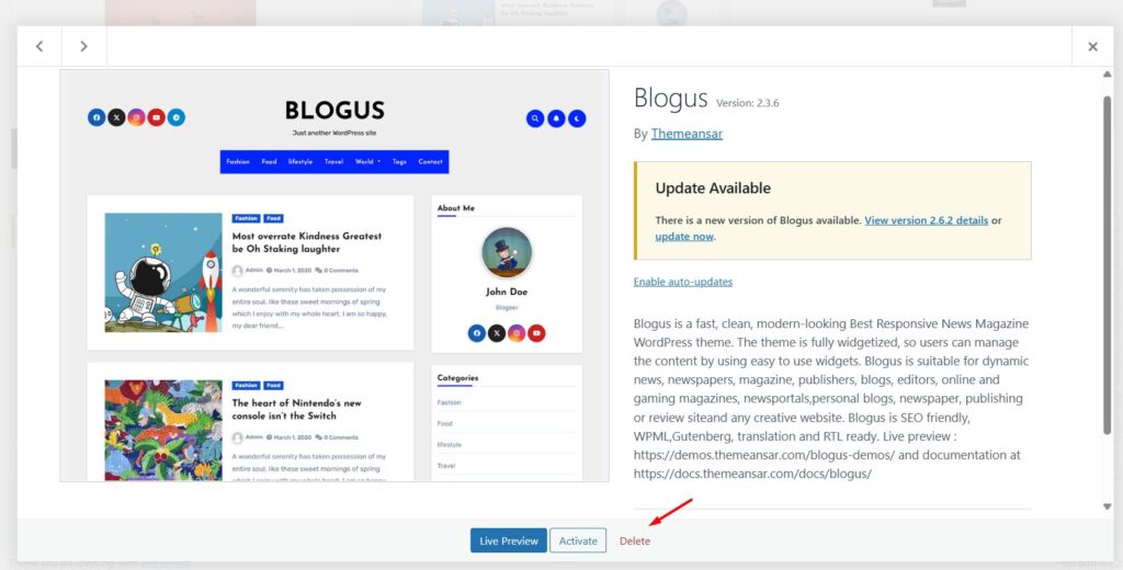 Xóa theme từ bảng điều khiển WordPress