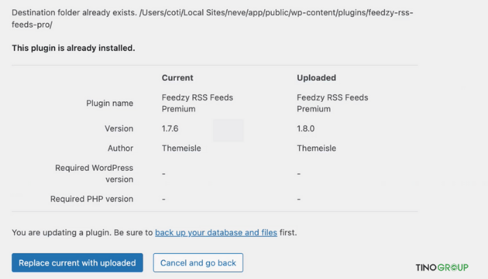 Sửa lỗi "Destination Folder Already Exists" qua WordPress Dashboard
