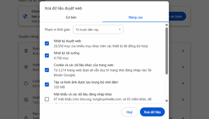 Xóa dữ liệu duyệt web