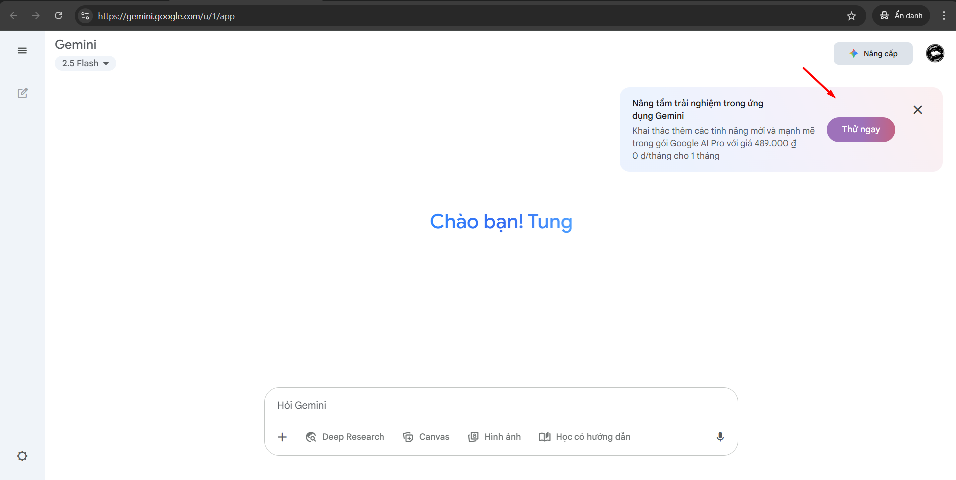 Đăng ký gói Google AI Pro (miễn phí tháng đầu tiên)