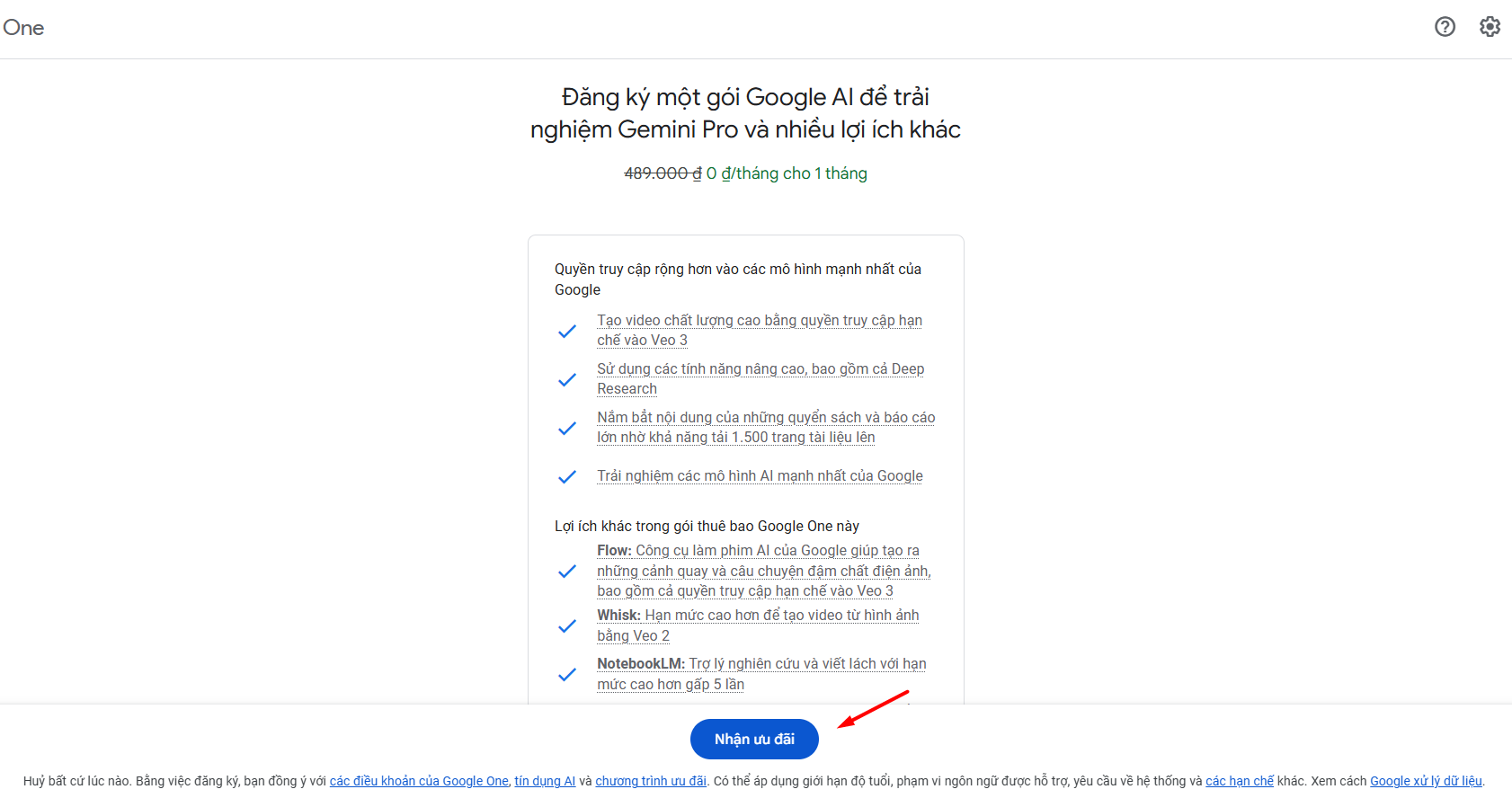 Đăng ký gói Google AI Pro (miễn phí tháng đầu tiên)