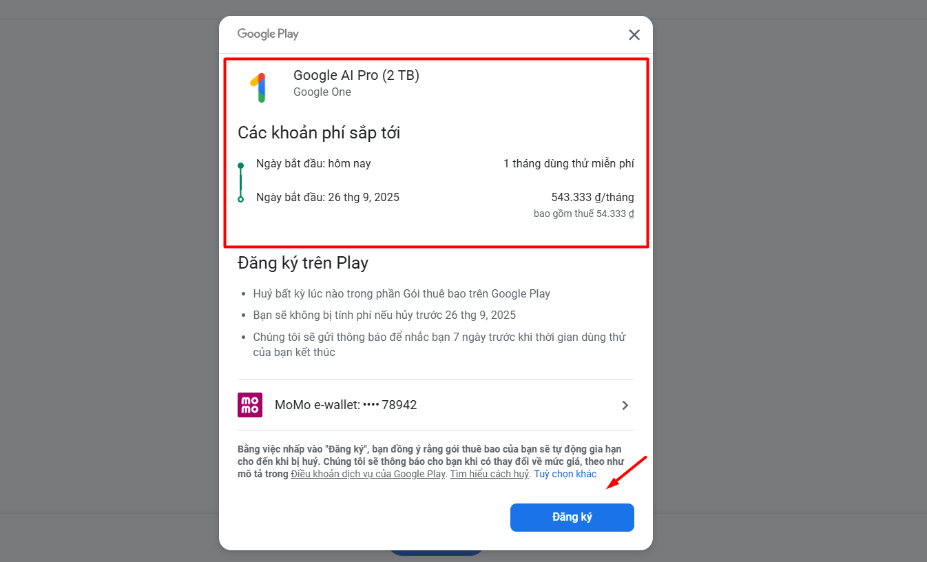Đăng ký gói Google AI Pro (miễn phí tháng đầu tiên)
