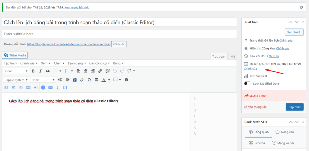 Cách chỉnh sửa lịch đăng bài viết trên Classic Editor 