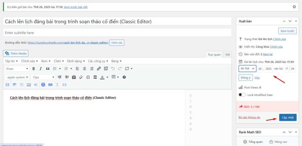 Cách chỉnh sửa lịch đăng bài viết trên Classic Editor 