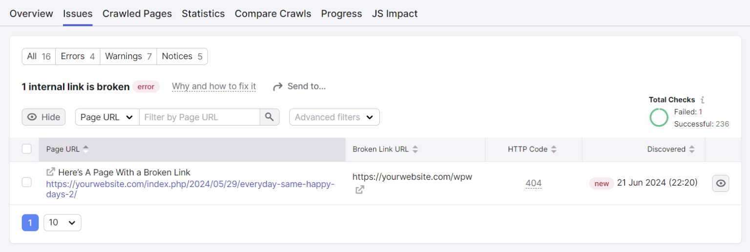 Kiểm tra broken links bằng Semrush