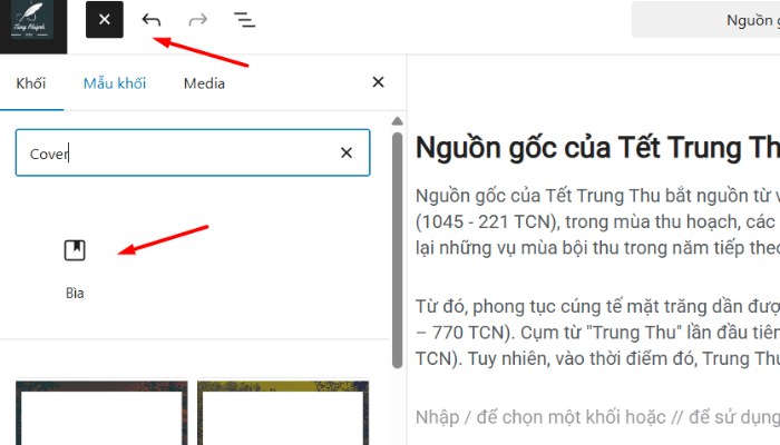 Thêm hình ảnh bằng khối Cover (Ảnh bìa)