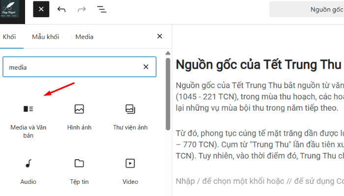 Thêm hình ảnh bằng khối Media & Text