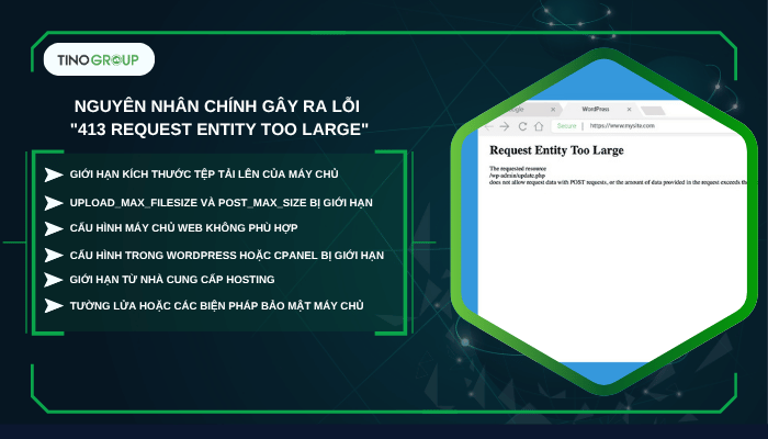 Hướng dẫn cách sửa lỗi 413 Request Entity too large trong WordPress 2025 2 Các nguyên nhân chính gây ra lỗi "413 Request Entity Too Large"