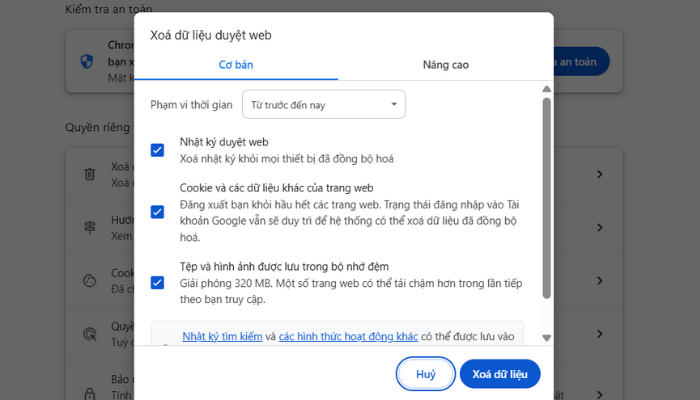 Xóa dữ liệu trình duyệt