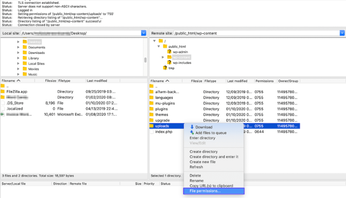 Thay đổi quyền thư mục bằng FTP Client (FileZilla, WinSCP,…)