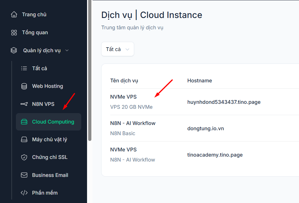 Hướng dẫn cách đăng ký VPS tại Tino chi tiết A-Z 12 Truy cập và quản lý VPS trong trang khách hàng Tino