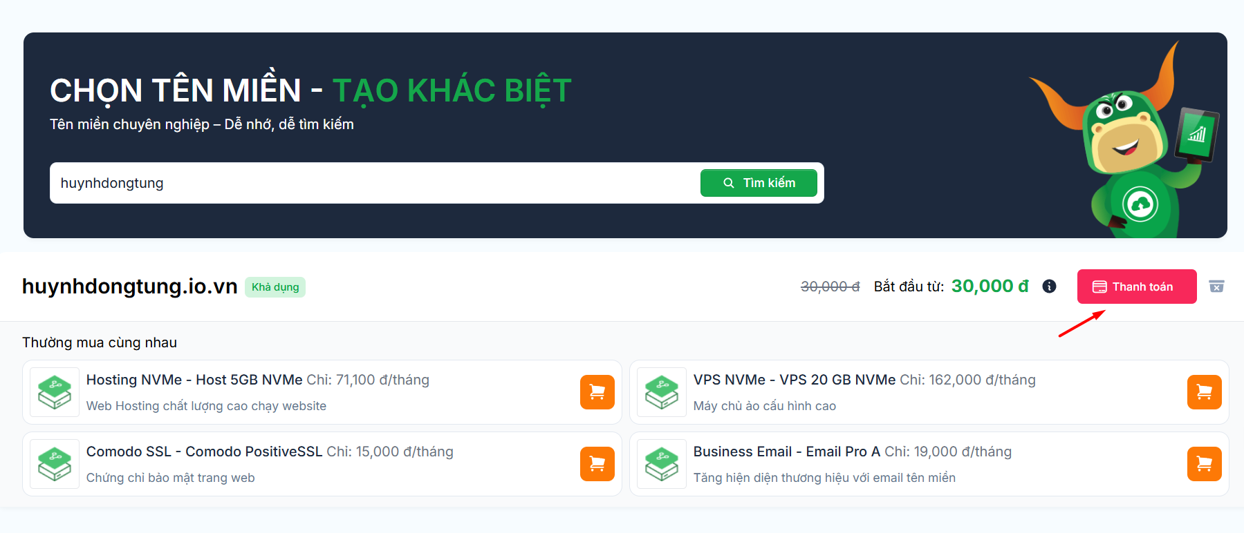 Hướng dẫn đăng ký tên miền tại Tino chi tiết A-Z 3 Tiến hành thanh toán