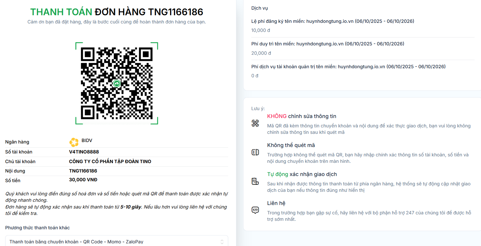 Hướng dẫn đăng ký tên miền tại Tino chi tiết A-Z 8 Hoàn tất thanh toán