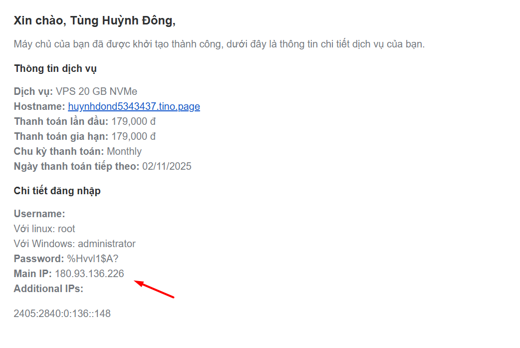 Lấy địa chỉ IP của VPS