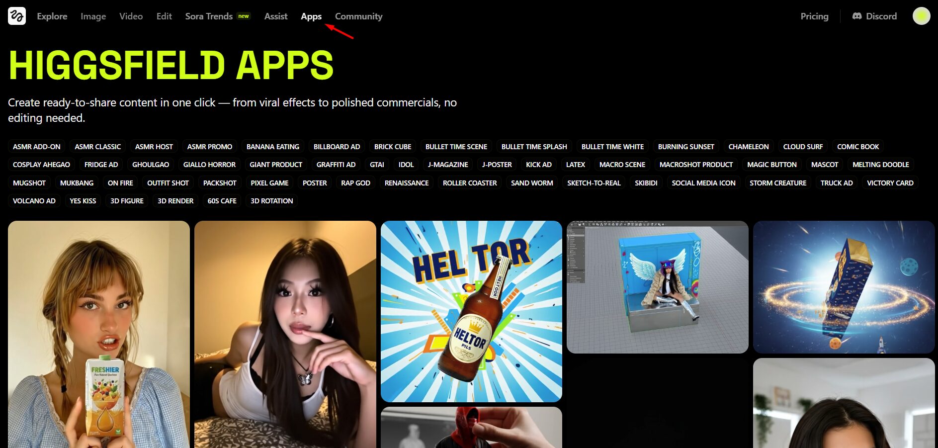 Khám phá Higgsfield Apps (ứng dụng có sẵn)