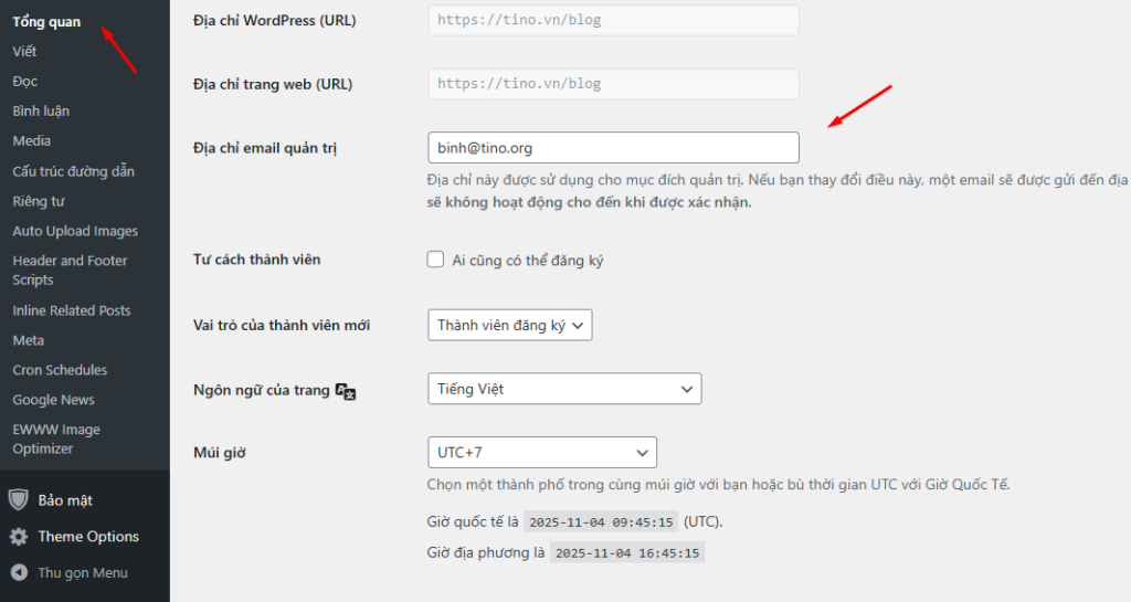 Kiểm tra lại địa chỉ email trong cài đặt WordPress
