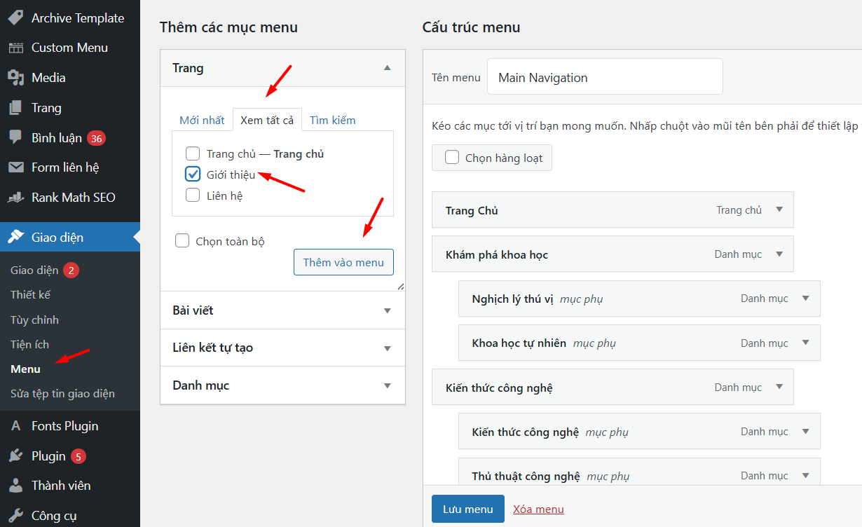 Thêm trang vào menu qua Dashboard (Dành cho Classic Themes)