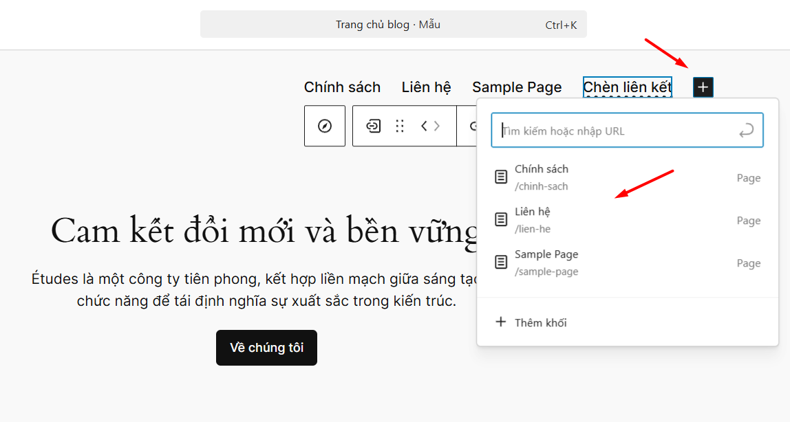 Thêm trang vào Menu bằng Site Editor (Dành cho Block Themes)