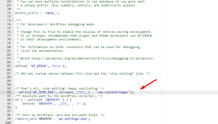 Thêm khai báo thư mục tạm vào tệp wp-config.php