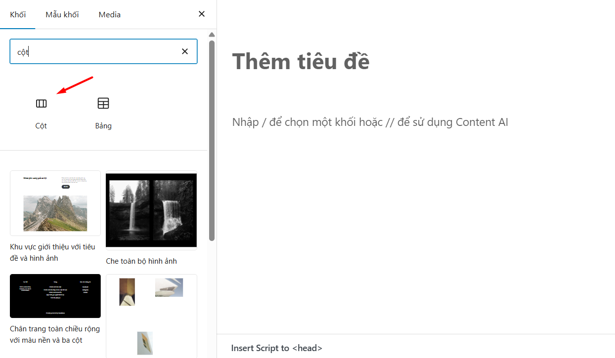 Chia cột trên trình soạn thảo Block Editor (Gutenberg)
